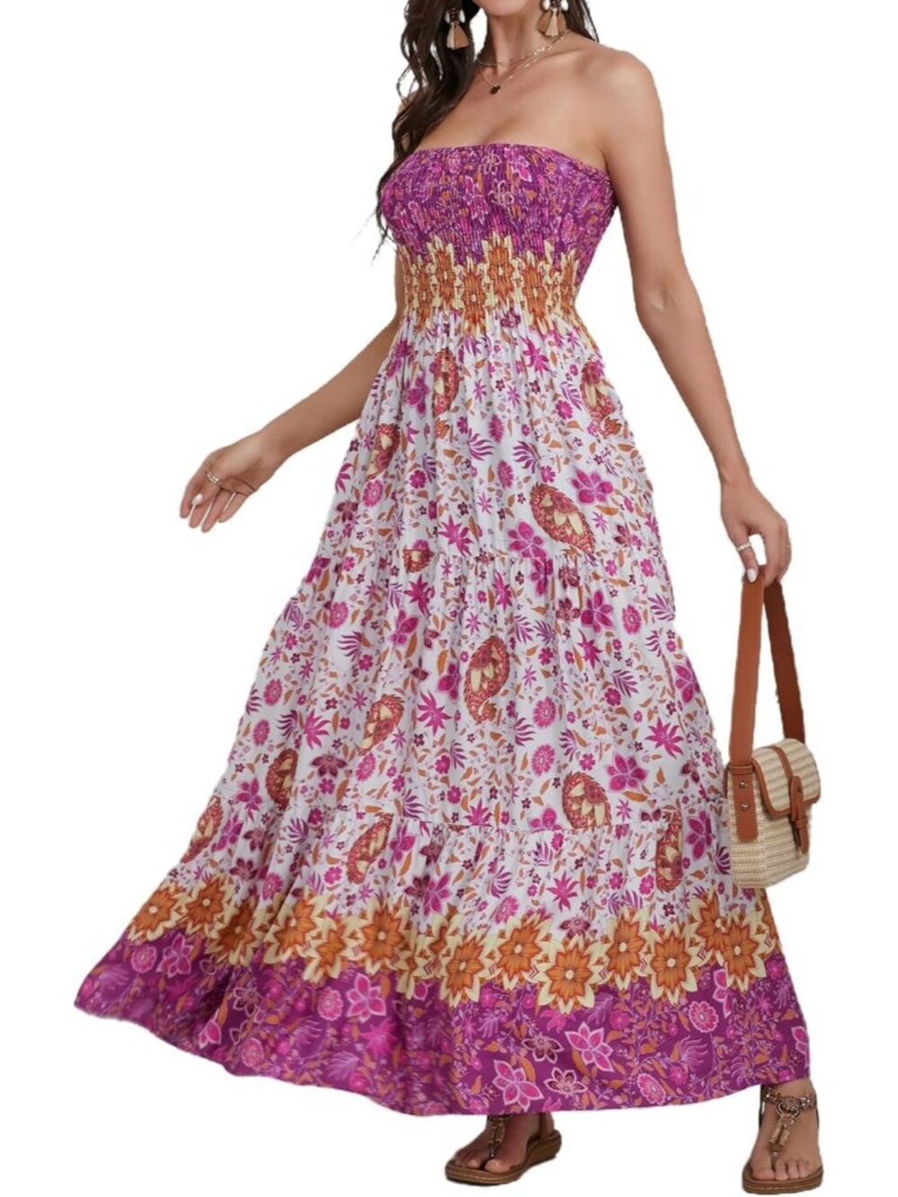 Women's Purple Irs Strapless A Line Tube Top Backless Casual Sun Maxi Dress